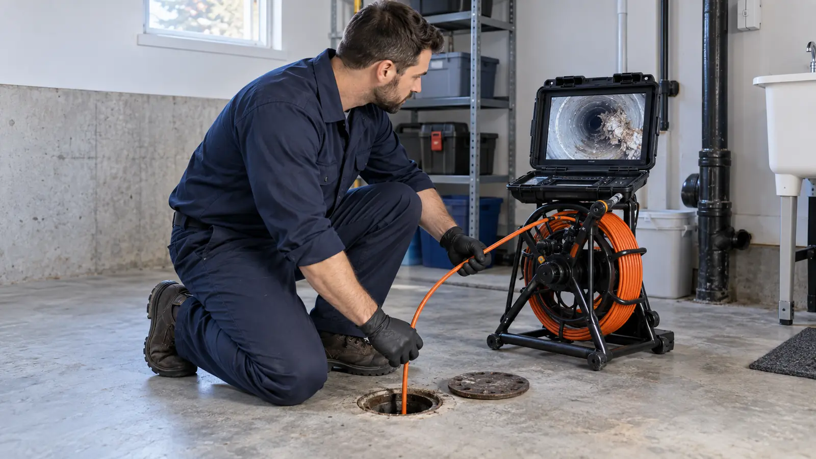 Plombier réalisant une inspection de drain par caméra avec moniteur dans un sous-sol