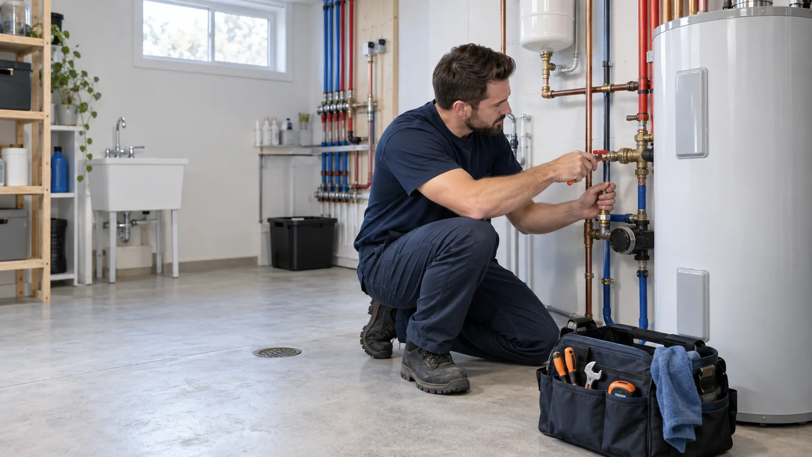 Plombier inspectant les conduites et les valves d’une installation résidentielle
