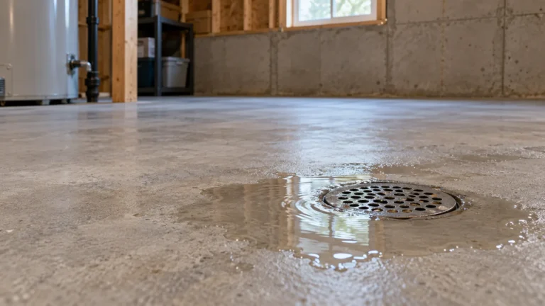 Petite accumulation d’eau autour d’un drain de plancher dans un sous-sol en béton.