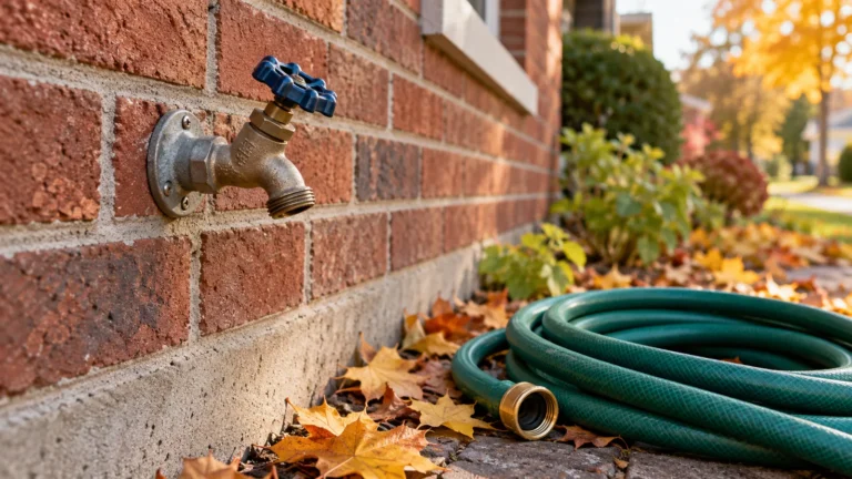 Robinet extérieur sur un mur de briques et tuyau d’arrosage débranché au milieu de feuilles d’automne.