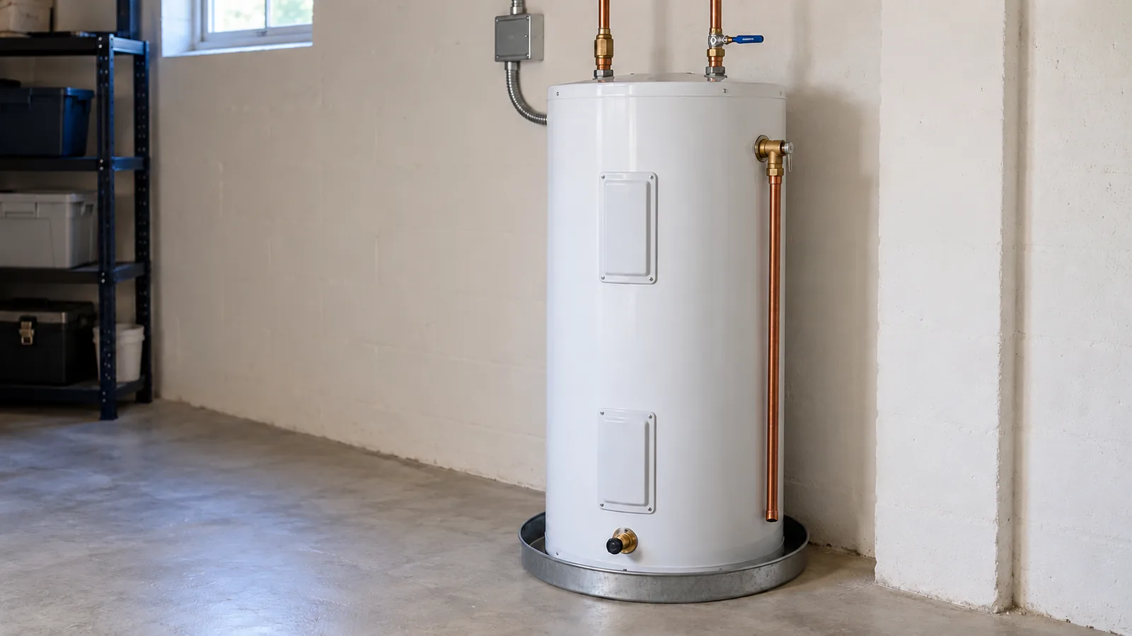 Chauffe-eau électrique blanc à panneaux fermés, avec tuyaux de cuivre et bac de récupération.