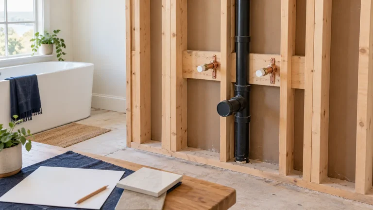 Mur ouvert d’une salle de bain en rénovation, avec raccords de plomberie et échantillons de carrelage.