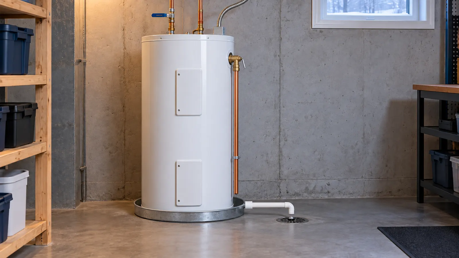 Chauffe-eau électrique à accumulation avec raccords de cuivre dans une pièce utilitaire