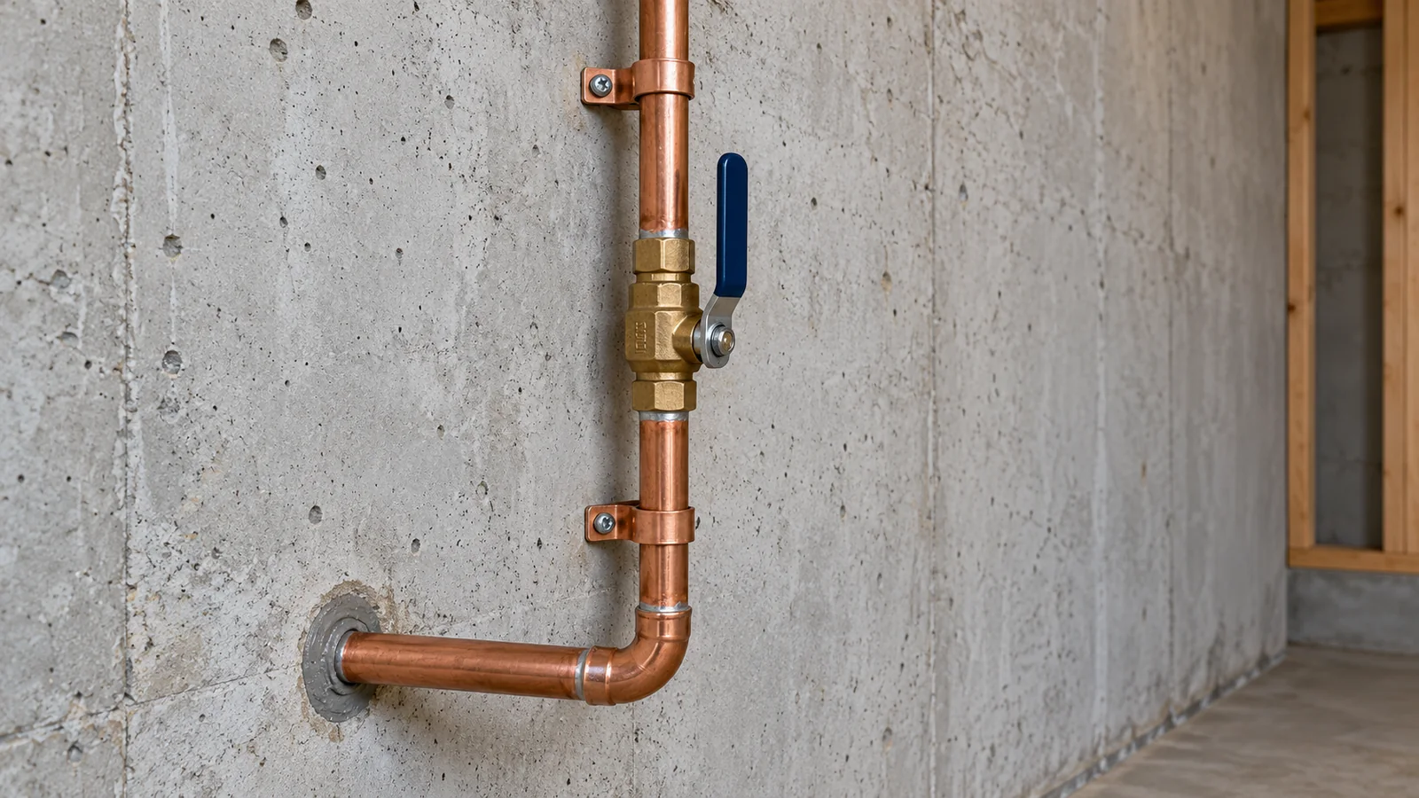 Conduite d'entrée d'eau principale et robinet d'arrêt visibles à l'intérieur d'un bâtiment