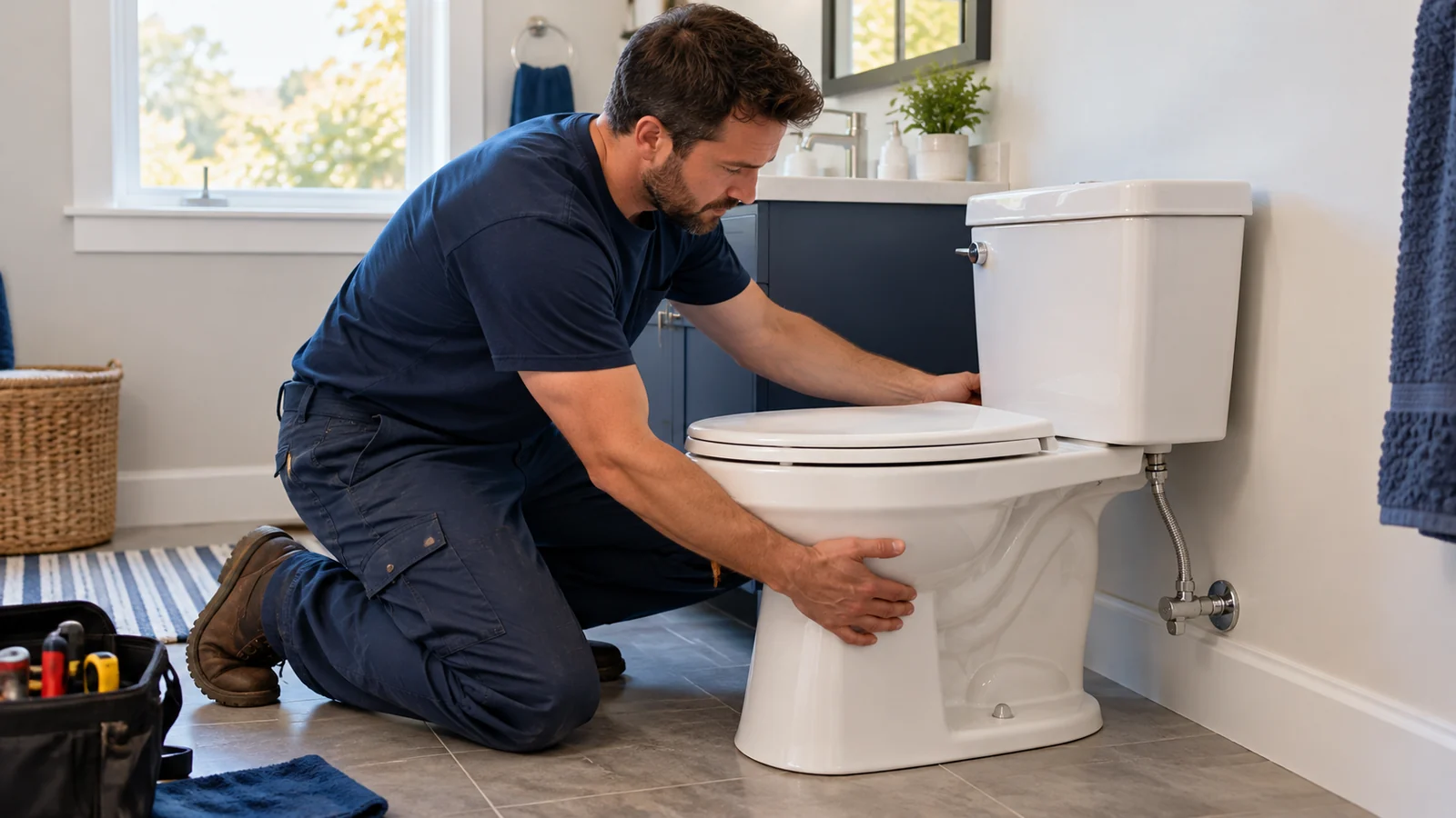 Plombier installant une toilette dans une salle de bain résidentielle