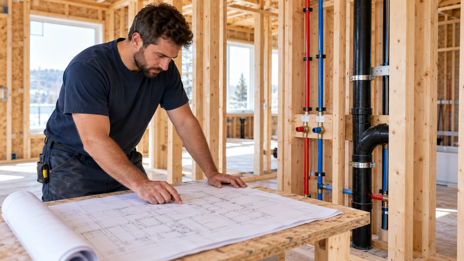 Plombier examinant les conduites visibles et les plans d’une maison en construction