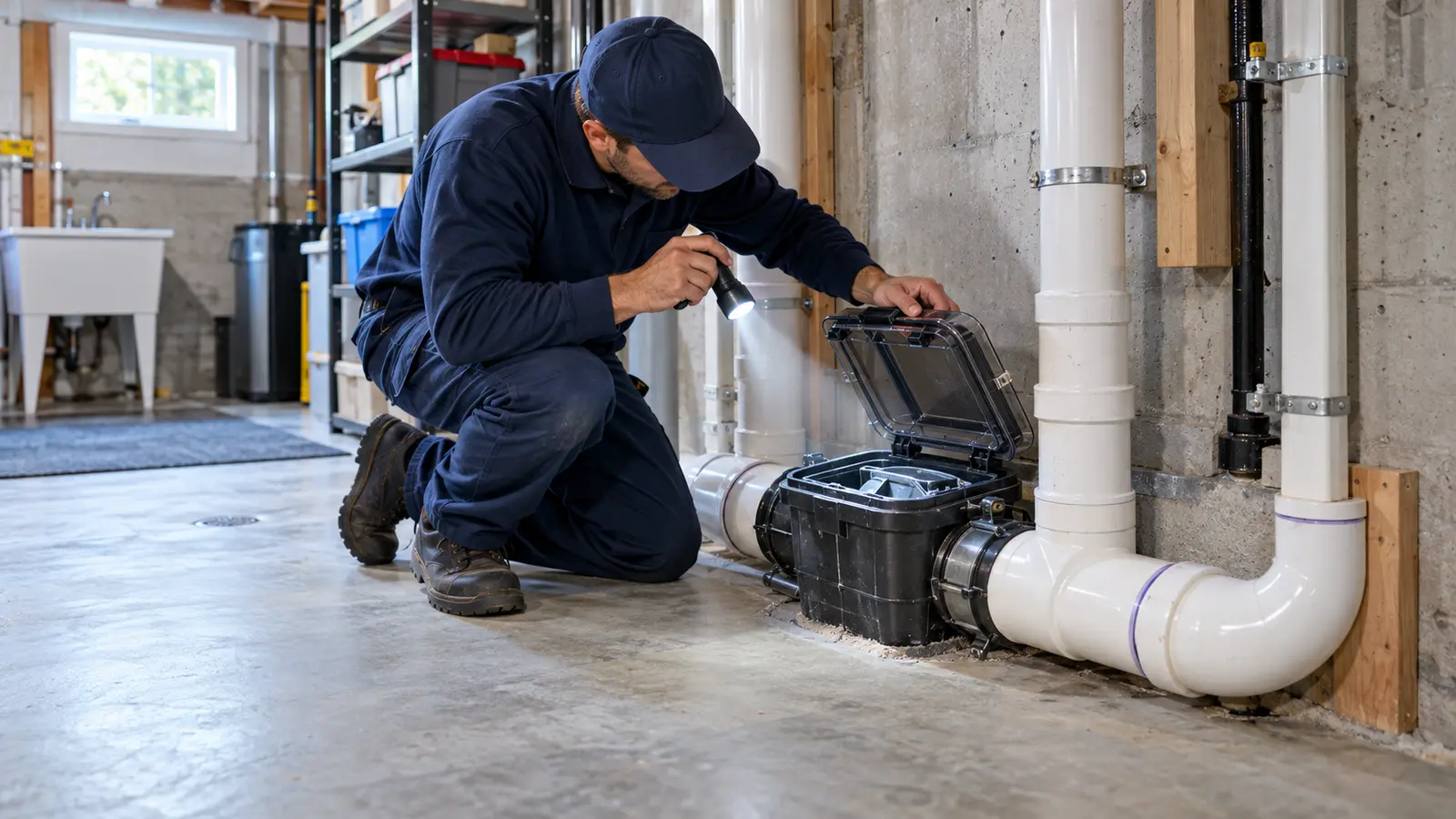 Plombier examinant une installation de drainage et un clapet au sous-sol