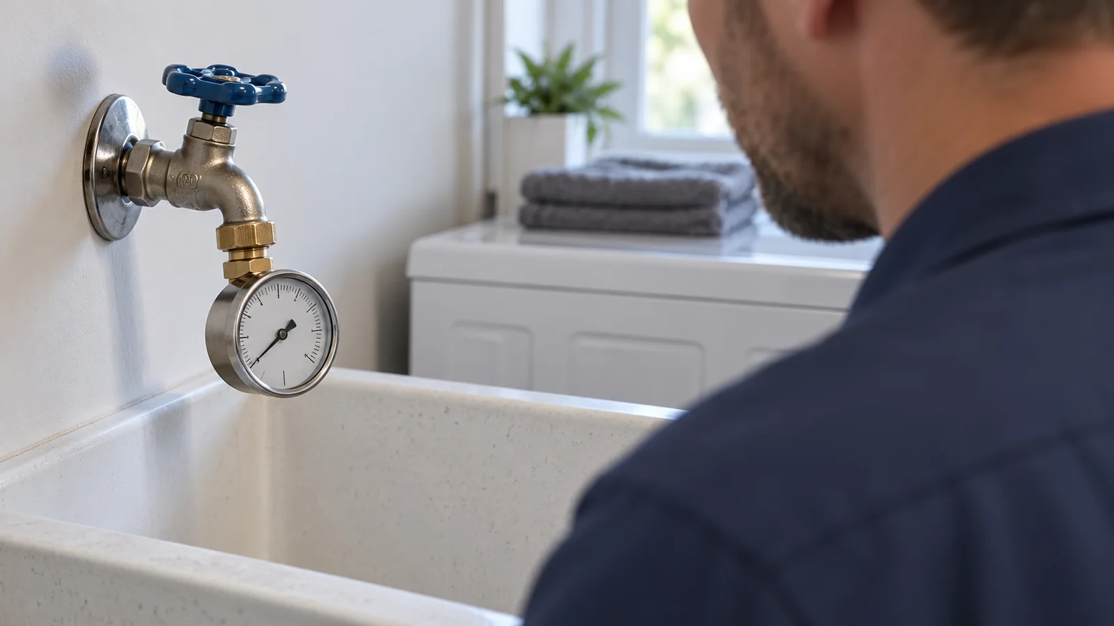 Plombier vérifiant la pression d’eau à l’aide d’un manomètre dans une salle de lavage.