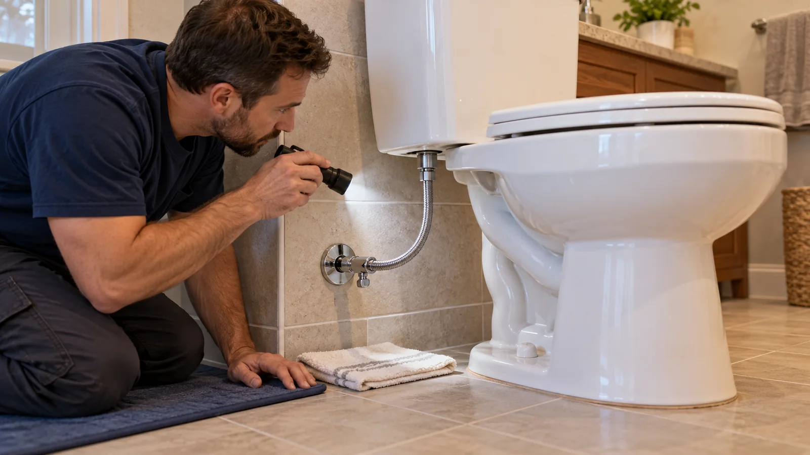 Plombier inspectant avec une lampe l’alimentation en eau d’une toilette dans une salle de bain