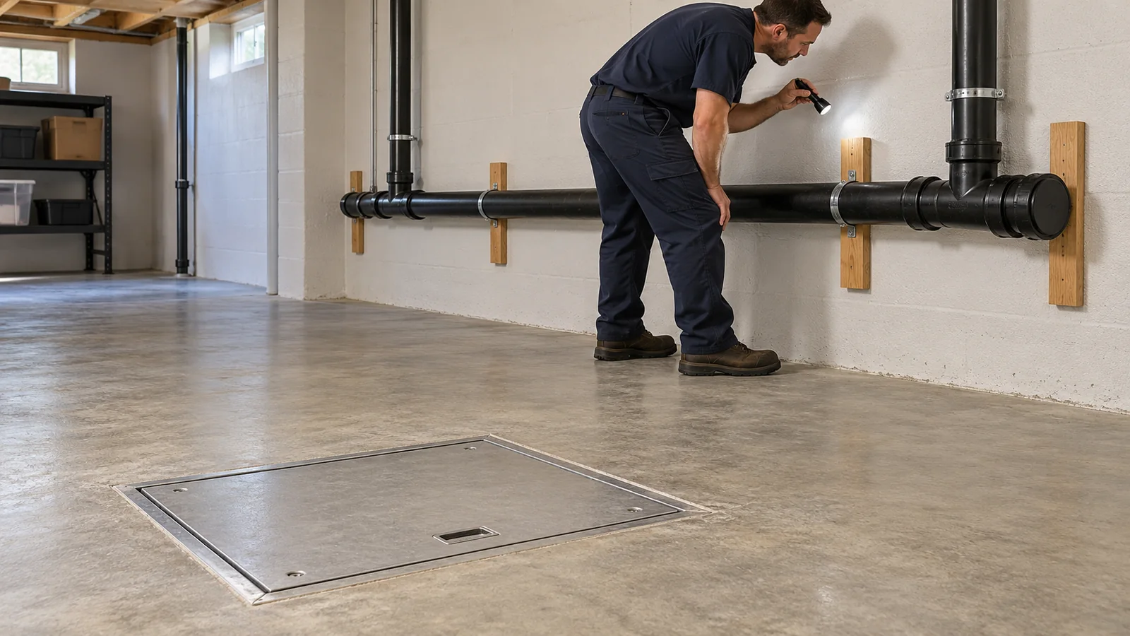 Plombier inspectant une conduite de drainage au sous-sol à Repentigny