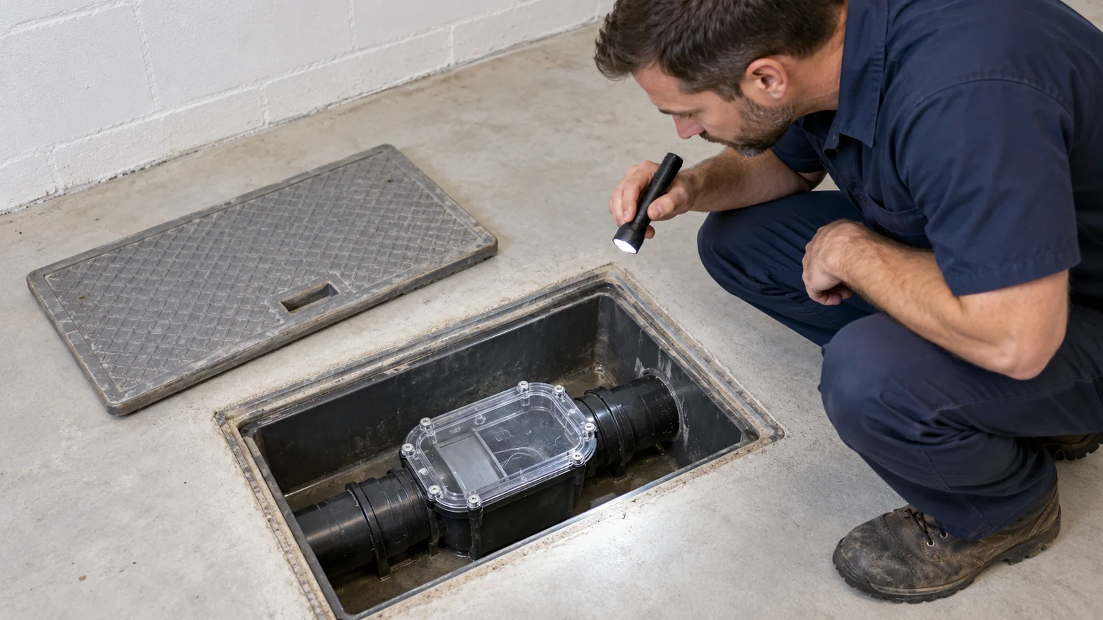 Plombier inspectant à la lampe un clapet antiretour accessible dans le plancher d’un sous-sol.
