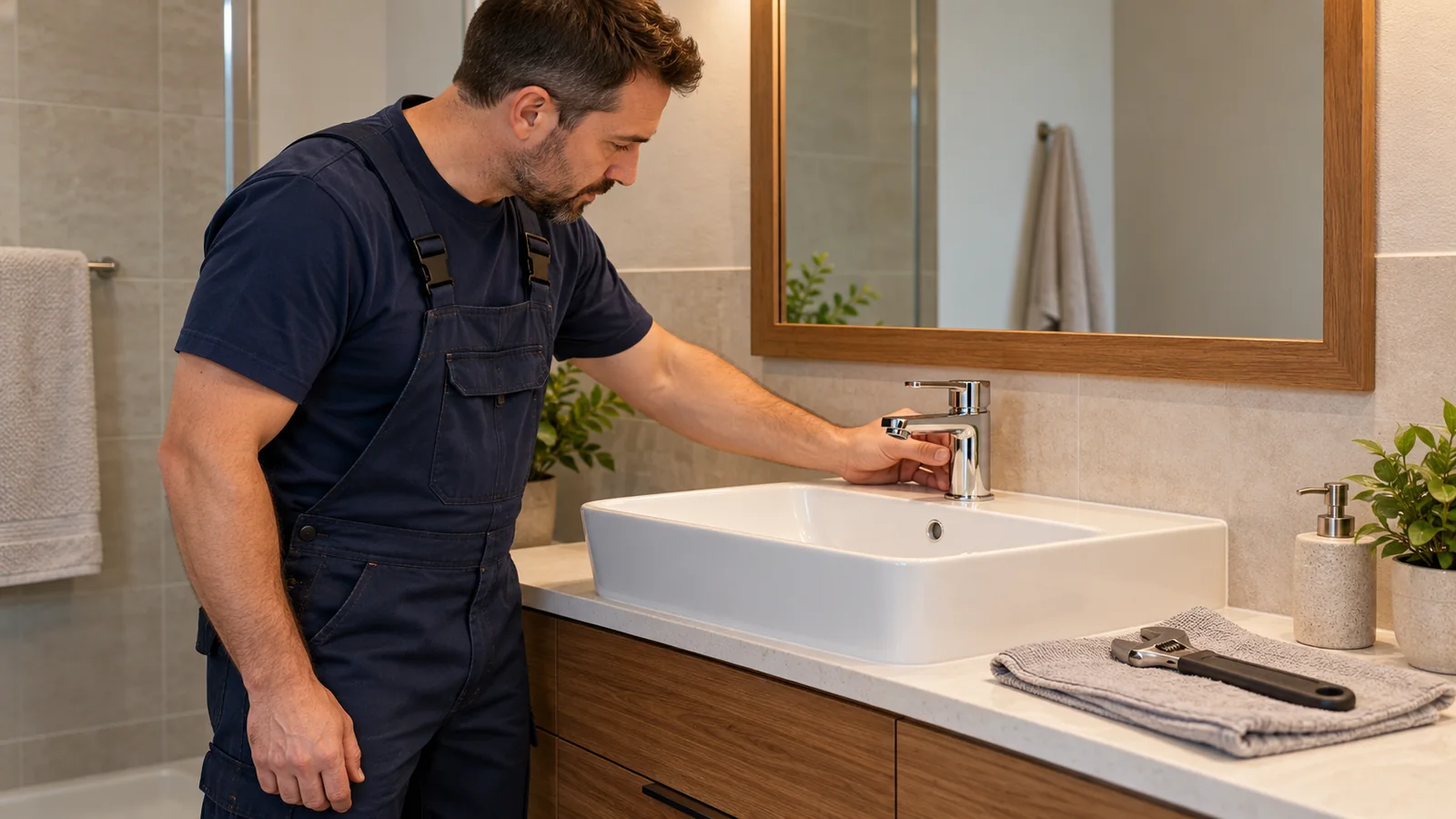 Plombier vérifiant un robinet de lavabo dans une salle de bain à Sainte-Anne-des-Plaines