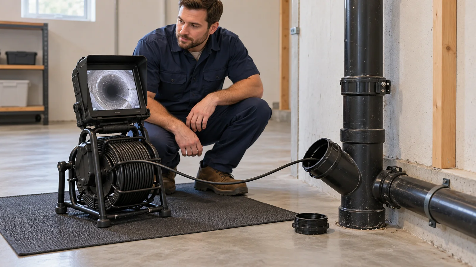 Équipement d’inspection par caméra relié à un accès de nettoyage de drain.